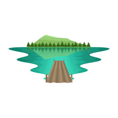 Pier Lake and River Pine Forest Mountain Landscape Vector