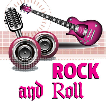 Colorful illustration with electric guitar, old microphone, loudspeakers and the text Rock and Roll written with pink letters