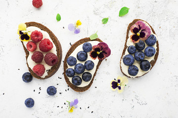 Light summer snack toasts with ricotta, honey, blueberries, raspberries and edible flowers of garden violets on dark-colored whole wheat bread on a light background. Top View.
