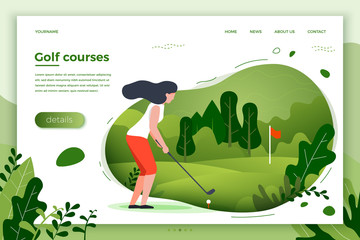 Vector illustration - sporty girl playing golf. Court, park, trees and hills on green background. Banner, site, poster template with place for your text.