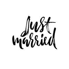 Just married. Wedding card phrase. Ink calligraphy card. Modern dry brush lettering. Vector illustration.