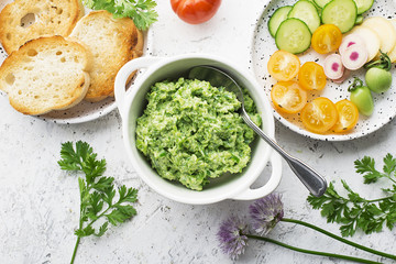 Home green sauce from organic garden herbs, onions, arrows of young garlic with crispy slices of white bread. Toasts with home green spicy sauce. Top View.