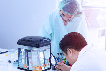  Portrait man of mature scientist holding magnifying glass research goldfish near test tube at laboratory.