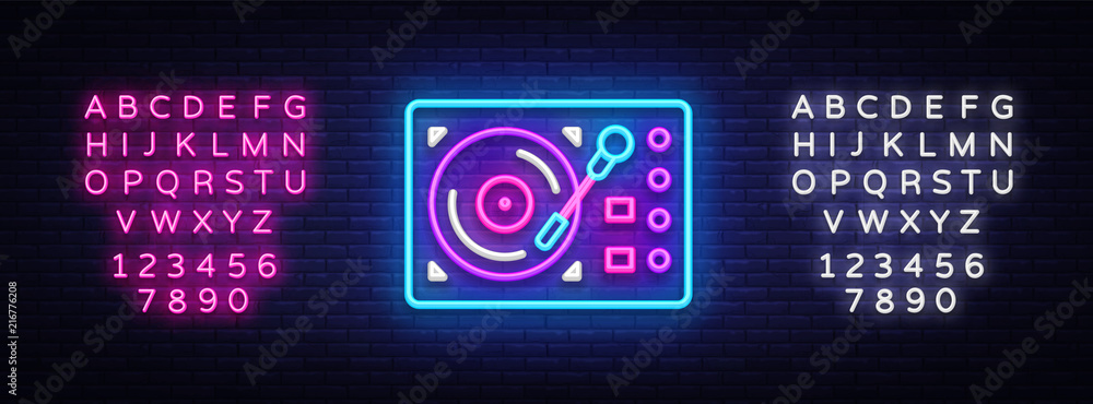 Wall mural gramophone neon signboard vector. retro music neon glowing symbol, retro style 70-80-90s light banne