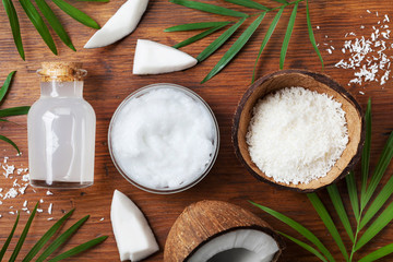 Set of organic coconut products for spa treatment, cosmetic or food ingredients. Oil, water and...