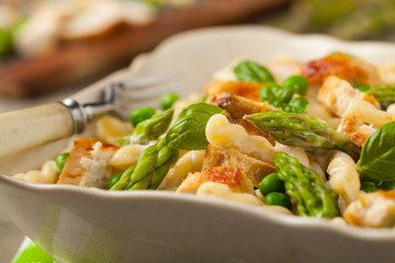 Italian pasta fusilli. Salad with chicken and asparagus in Béchamel sauce.