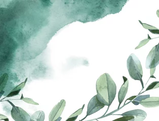 Gordijnen Horizontale achtergrond van groene bladeren en groene verfplons op witte achtergrond © Kateryna