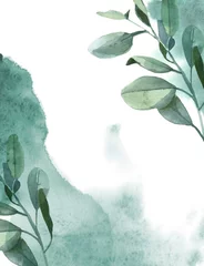 Fotobehang Verticale achtergrond van groene eucalyptusbladeren en groene verfplons op witte achtergrond © Kateryna
