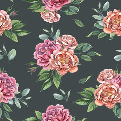 Seamless pattern of roses and green leaves for wedding and greeting cards on dark background in shabby chic style