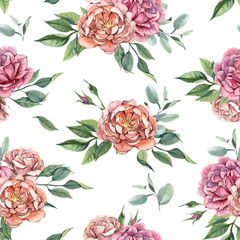 Seamless pattern of roses and green leaves for wedding and greeting cards isolate on white background in shabby chic style