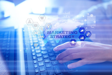Marketing strategy concept on virtual screen. Internet, advertising and digital technology concept. Sales growth.