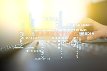 Marketing business concept on the virtual screen. Words cloud.