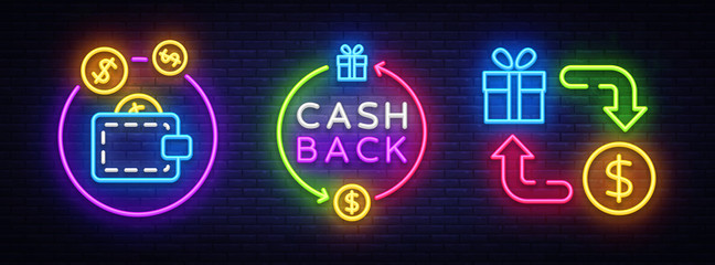 Cash Back Neon Symbols Collection Vector. Cash Back neon sign, design template, modern trend design, casino neon sign board, night bright advertising, light banner, light art. Vector illustration