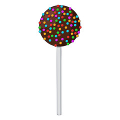 Cake pop. Chocolate dessert with colored sprinkles on a stick