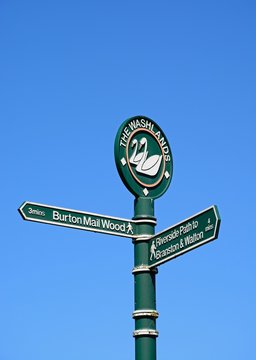 The Washlands signpost against a blue sky, Burton upon Trent, UK.