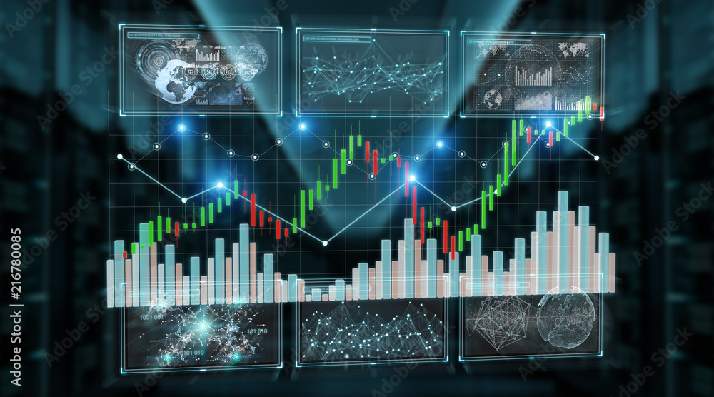 Poster 3D rendering stock exchange datas and charts illustration