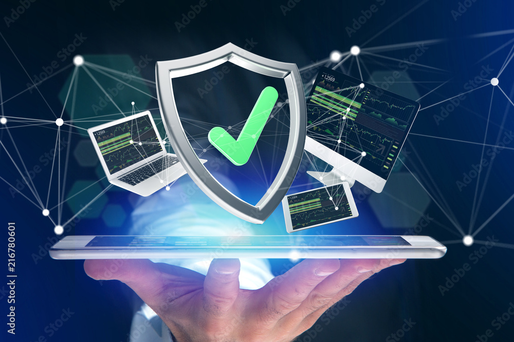 Poster shield symbol surrounded by devices and network displayed on a futuristic interface