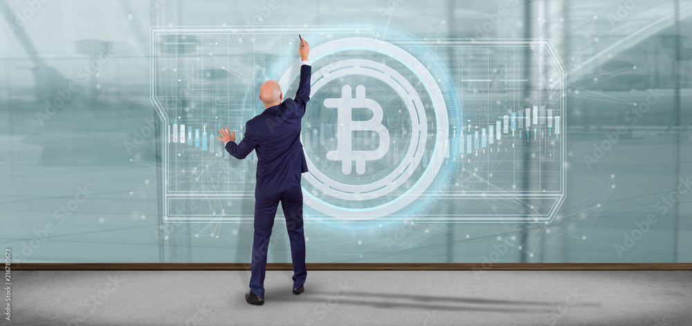 Poster man holding a technology bitcoin icon on a circle 3d rendering
