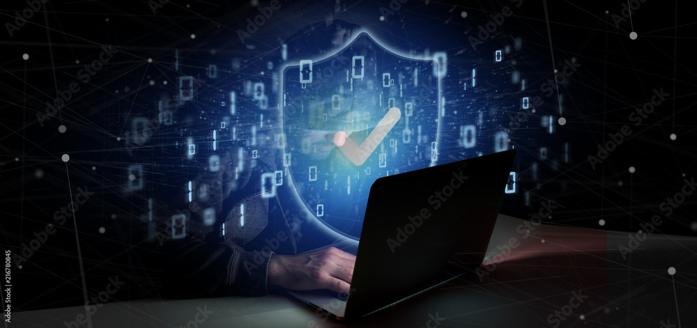 Poster hacker man holding a padlock web security concept 3d rendering