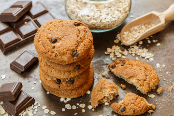 Homemade whole wheat oatmeal cookies with chocolate chips. Tasty healthy snack for Breakfast