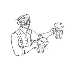 Vector man waiter in national costume with mugs beer. Symbol of holiday Oktoberfest. Isolated black white contour sketch illustration.