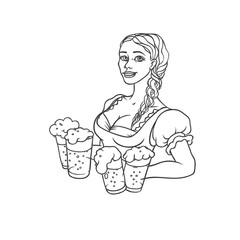 Vector young woman waiter in national dress with mugs beer. Symbol of holiday Oktoberfest. Isolated black white contour sketch illustration.