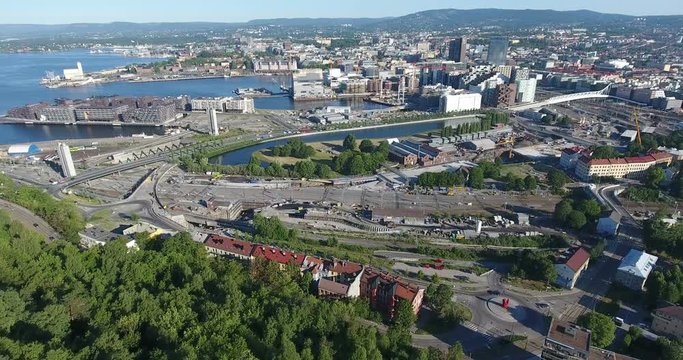 Aerial view at sentrum of Oslo city. Compact, bustling downtown witn new constructions, roads and streets. Camera review. Norway