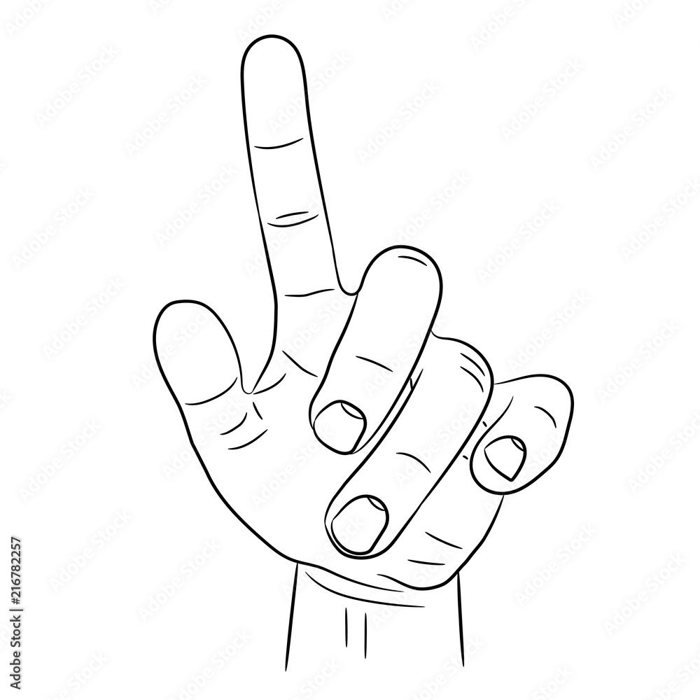Poster hand with an outstretched index finger or pressing an invisible button made of black contour brush l