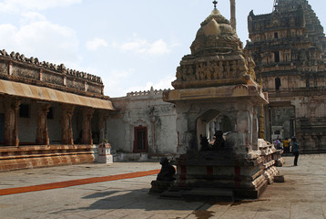 The second courtyard, Virupaksha Temple, Hampi, karnataka. Sacred Center. View from the west. Seen here is the Nandi shrine, a three storeyed Krishnadev Raya gopuram.