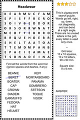 Headwear themed zigzag word search puzzle (suitable both for kids and adults). Answer included.
