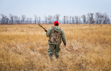 Hunter moving with shotgun looking for prey. Hunting for hare