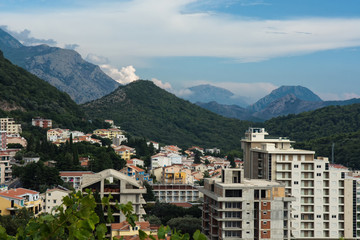 City on the mountain by the sea. The Mediterranean. Adriatic Sea, Montenegro. Petrovac.