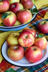 Yellow-red apples in a dish on a table with a checkered tablecloth