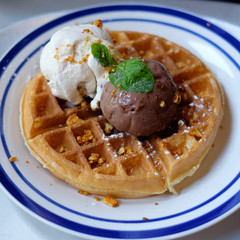 Gold Rush Waffle. Waffles that are crispy on the outside, fluffy on the inside, paired with Salted Egg Yolk Sauce, sprinkled with crunchy bits of honey comb, and topped with chocolate and vanilla ice 