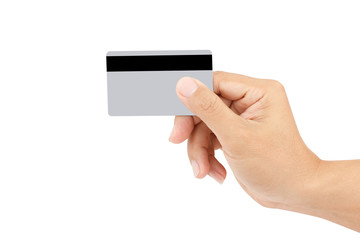 Man hand holding credit or debit card isolated on white background for credit card payment concept