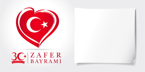 Zafer Bayrami 30 Agustos with heart flag, Victory Day Turkey. Translation: August 30 celebration of Victory Day in Turkey. Celebration republic, graphic for design elements, vector illustration