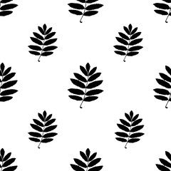 Seamless pattern with rowan leaf  in black style on white background. Autumn illustration