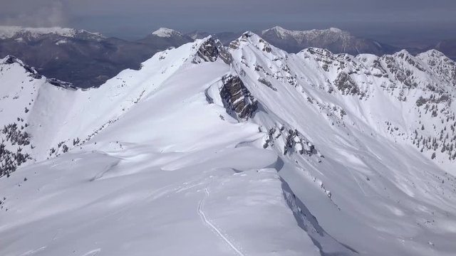 Stunning winter aerial footage. Snow mountains, Germany.