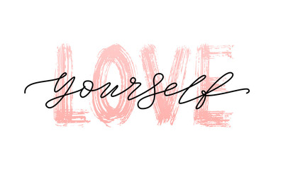 Love yourself quote. Single word. Self care. Modern calligraphy text print take care of yourself. Vector illustration black and white. ego - obrazy, fototapety, plakaty