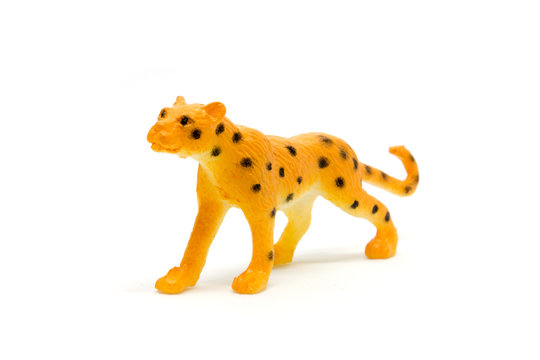 Fototapeta Leopard model isolated on white background, animal toys plastic