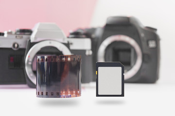 Soaring Memory Flash Card and 35 mm Negative Film Roll with DSLR on Back