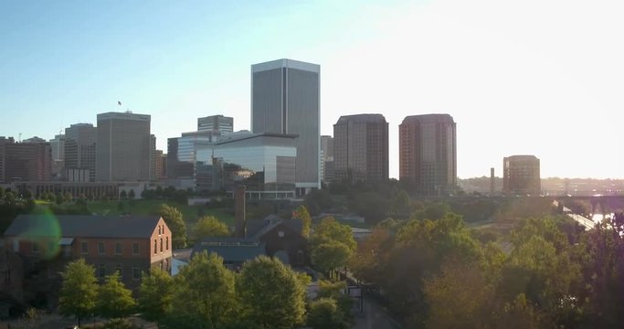 Drone Reveal Sunrise Over Downtown City