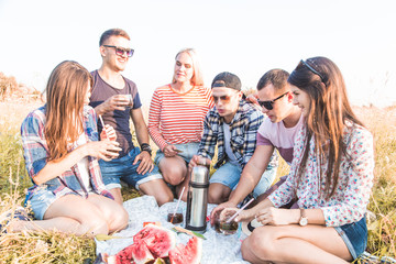 Happy young friends having picnic in the park.They are all happy,having fun,smiling and playing guitar.