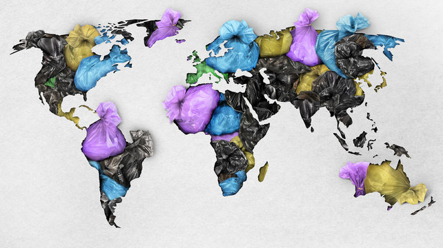 Сoncept of global pollution. A paper map of the world with trash bags on the continents.