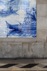Closeup of azulejos in Sao Bento train station in Porto, Portugal.