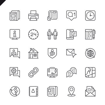 Thin line contact us icons set for website and mobile site and apps. Outline icons design. 48x48 Pixel Perfect. Linear pictogram pack. Vector illustration.