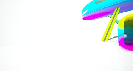 Abstract dynamic interior with black and colored gradient smooth objects. 3D illustration and rendering