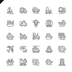 Thin line transport, vehicle and delivery elements icons set for website and mobile site and apps. Outline icons design. 48x48 Pixel Perfect. Linear pictogram pack. Vector illustration.