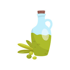 Glass bottle of traditional Croatian oil, green olives and leaves. Organic cooking ingredient. Flat vector design
