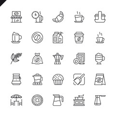 Thin line coffee, coffee house, coffee shop elements icons set for website and mobile site and apps. Outline icons design. 48x48 Pixel Perfect. Linear pictogram pack. Vector illustration.